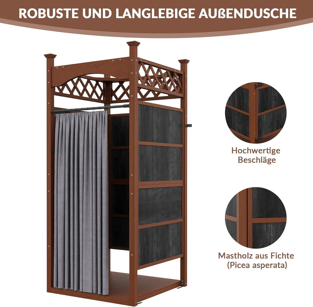 Gartendusche Outdoor Dusche aus Massivholz, Duschkabine & Umkleidekabine mit Duschvorhang & Bodenmat