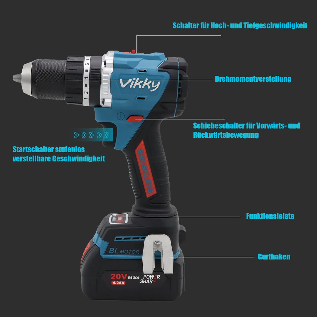 vikky Professional Akku-Schlagbohrschrauber BLSG100 (20V, Brushless, 100Nm, Schlagbohrfunktion, 2 Ga