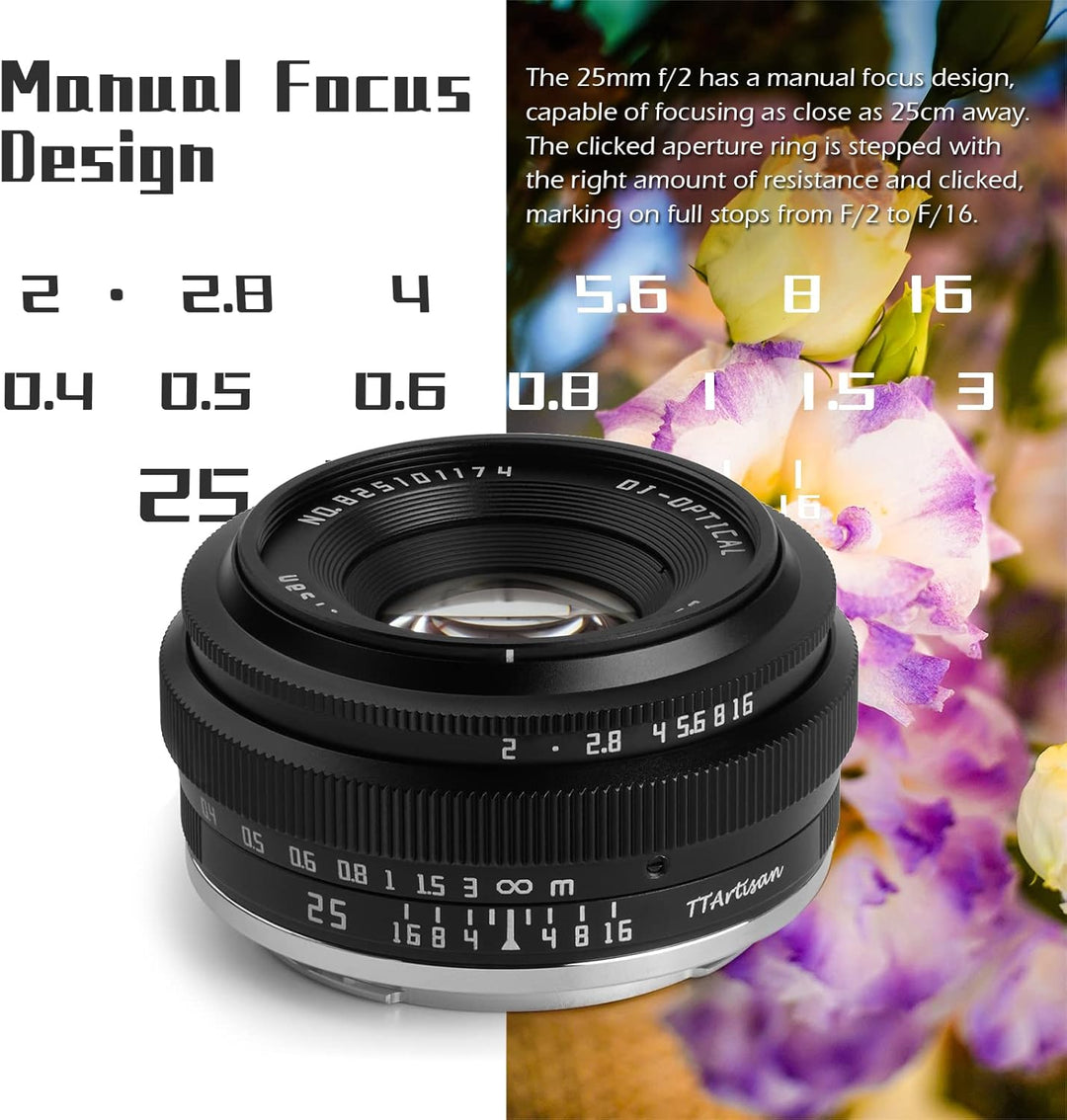 TTartisan 25mm F2 X Mount Objektiv, APS-C Manueller Fokus Weitwinkel Objektiv für Fuji X Mount, Komp