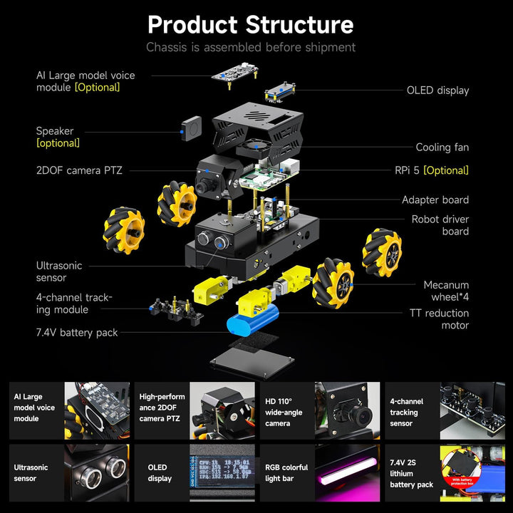 Yahboom RPi 5 ROS2 Robot Car 360°Movement, AI Vision &amp; Tracking, Integrated Multimodal Large AI Mode
