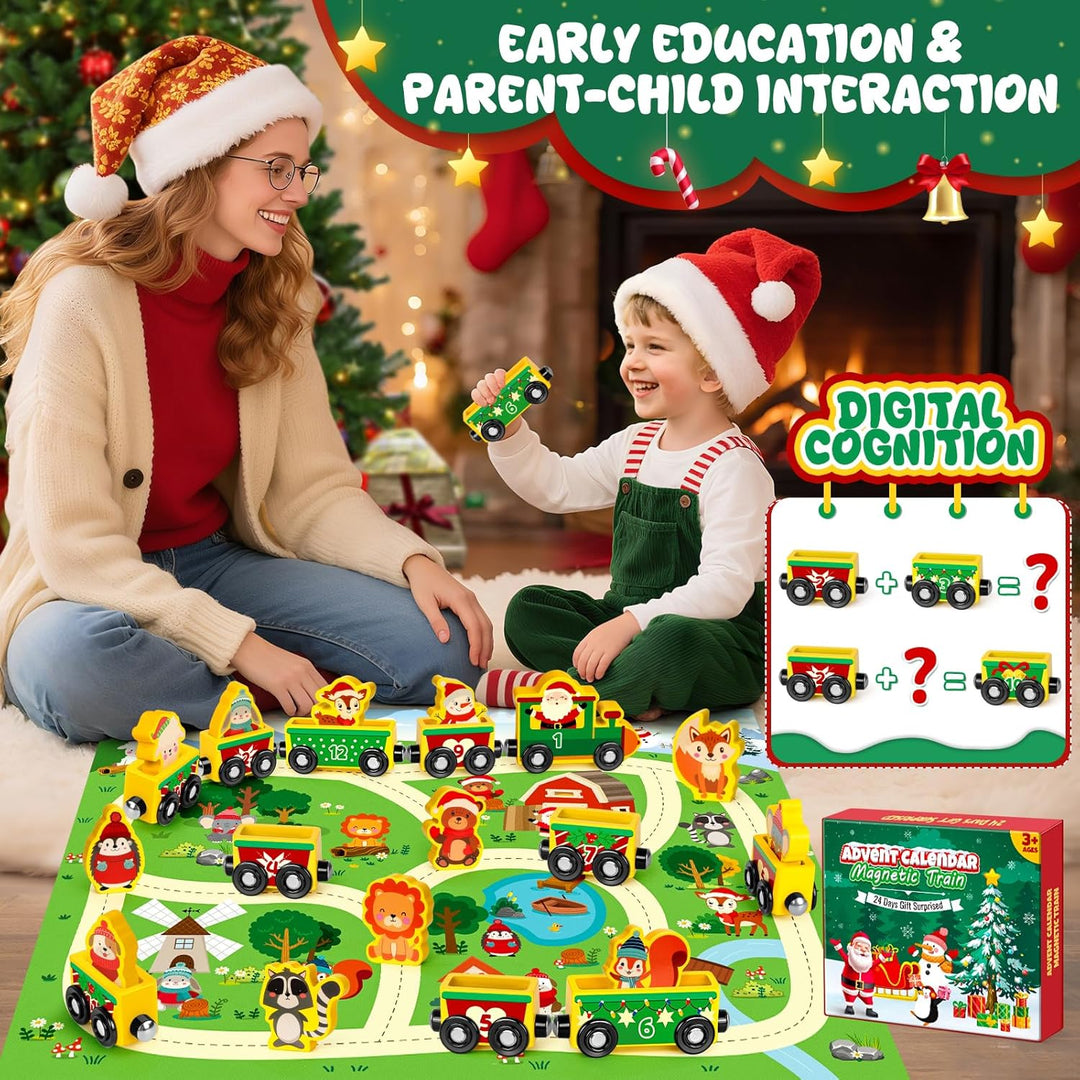 Adventskalender 2025 Kinder, Weihnachtskalender Kleinkind Baby Magnetischer Holzzug, 24 Tage Advents