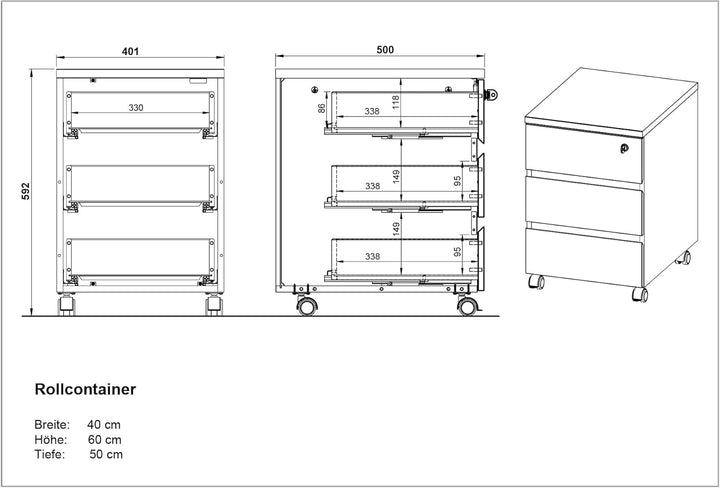 GERMANIA DIE MÖBELMACHER Rollcontainer GW-Lissabon, mit DREI Schubladen, oberste abschliessbar, grif
