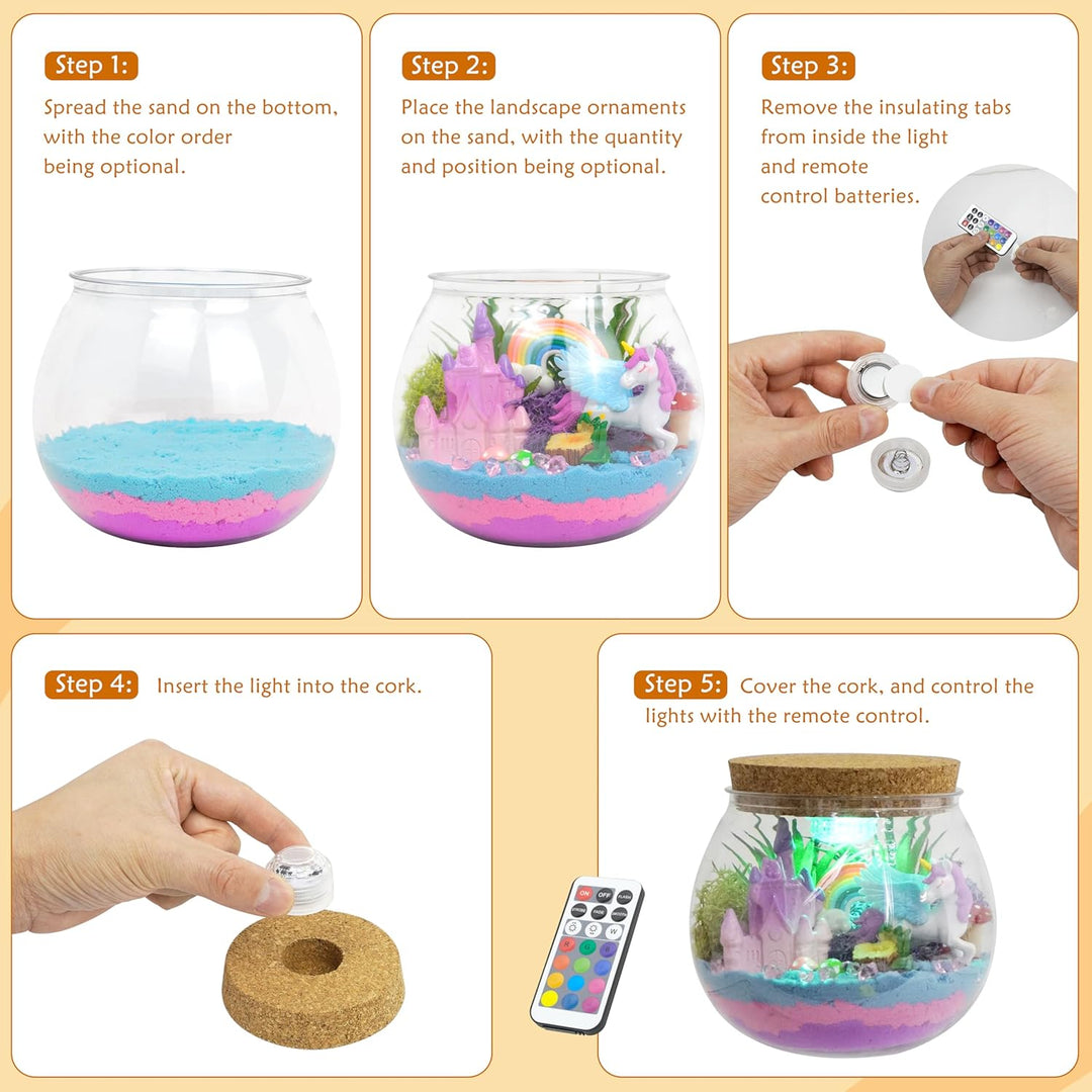 Einhorn Terrarium für Mädchen, Bastelset mit Fernbedienung und bunten Lichtern, Nachtlicht für Gebur