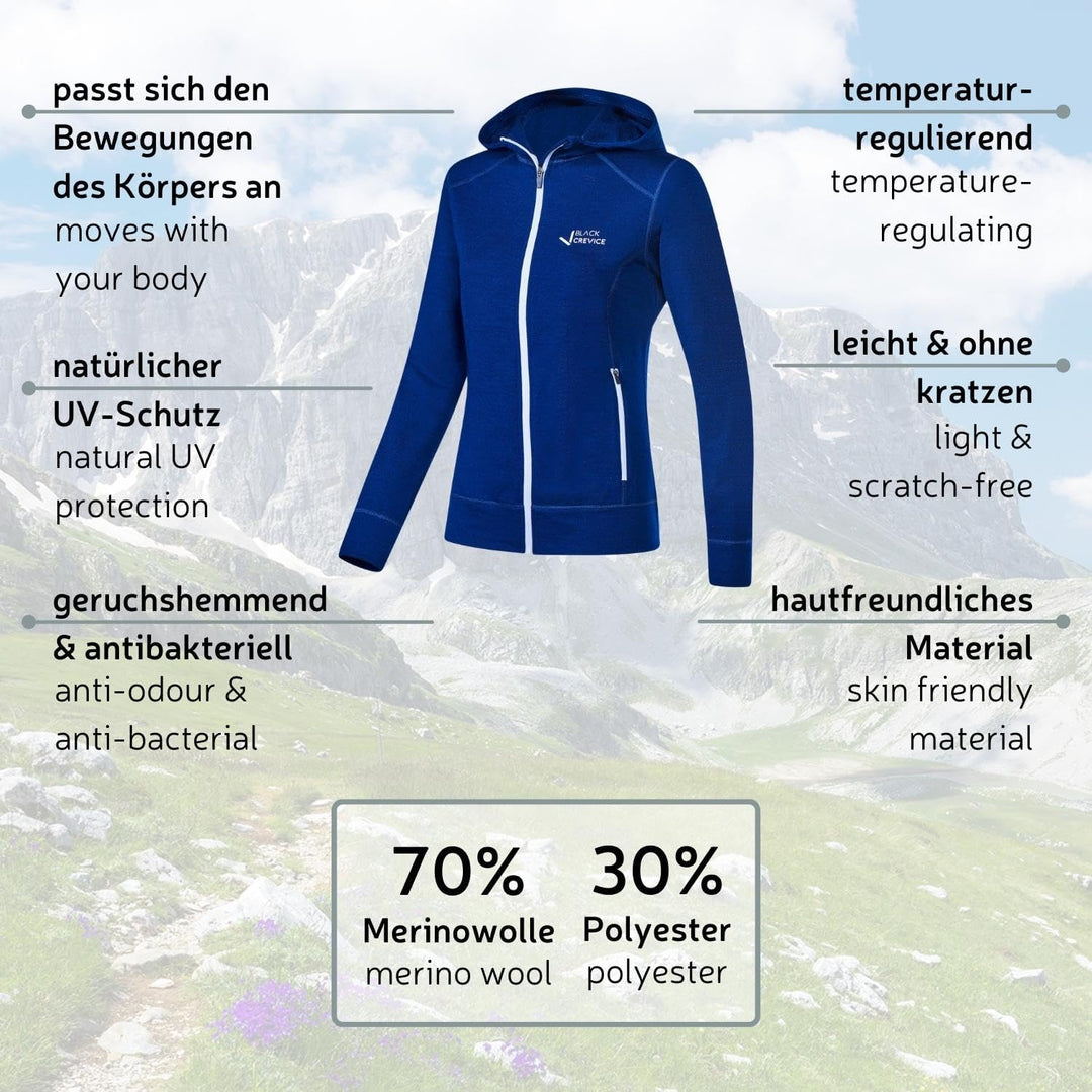 Black Crevice Damen Merino Kapuzenjacke I Hochwertige Merino-Jacke I Jacke für Damen aus 70% Merinow