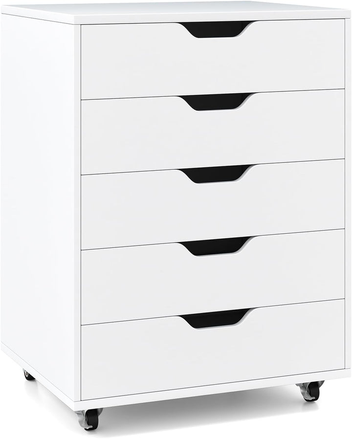 GIANTEX Rollcontainer mit 5 Schubladen, Aktenschrank mit Rollen, Schubladenschrank Holz, Druckertisc