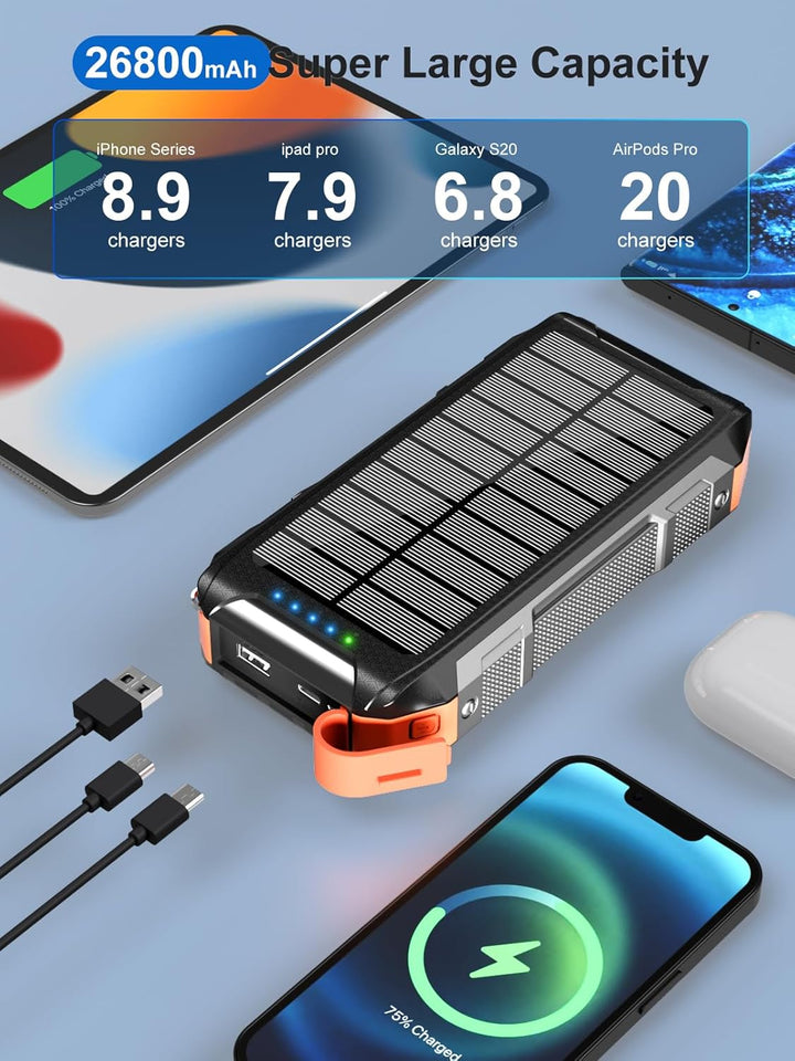 Wireless Solar Powerbank 26800mAh mit 4 Kabeln,30W Magnetische Power Bank Schnell Aufladende USB C t