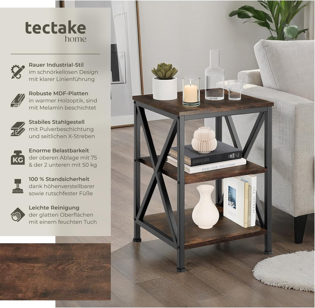 tectake® Beistelltisch aus Holz und Metall, Nachttisch mit 3 Ebenen, X-förmige Streben, Industrie-De