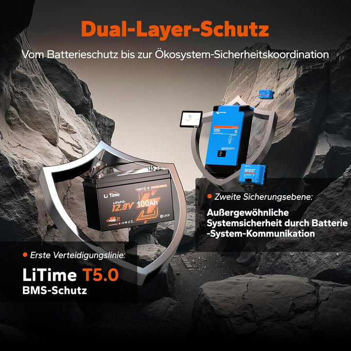 LiTime LiFePO4 12V 100Ah Lithium Batterie Bluetooth mit Victron System, CAN/RS485 Kommunikation, 100