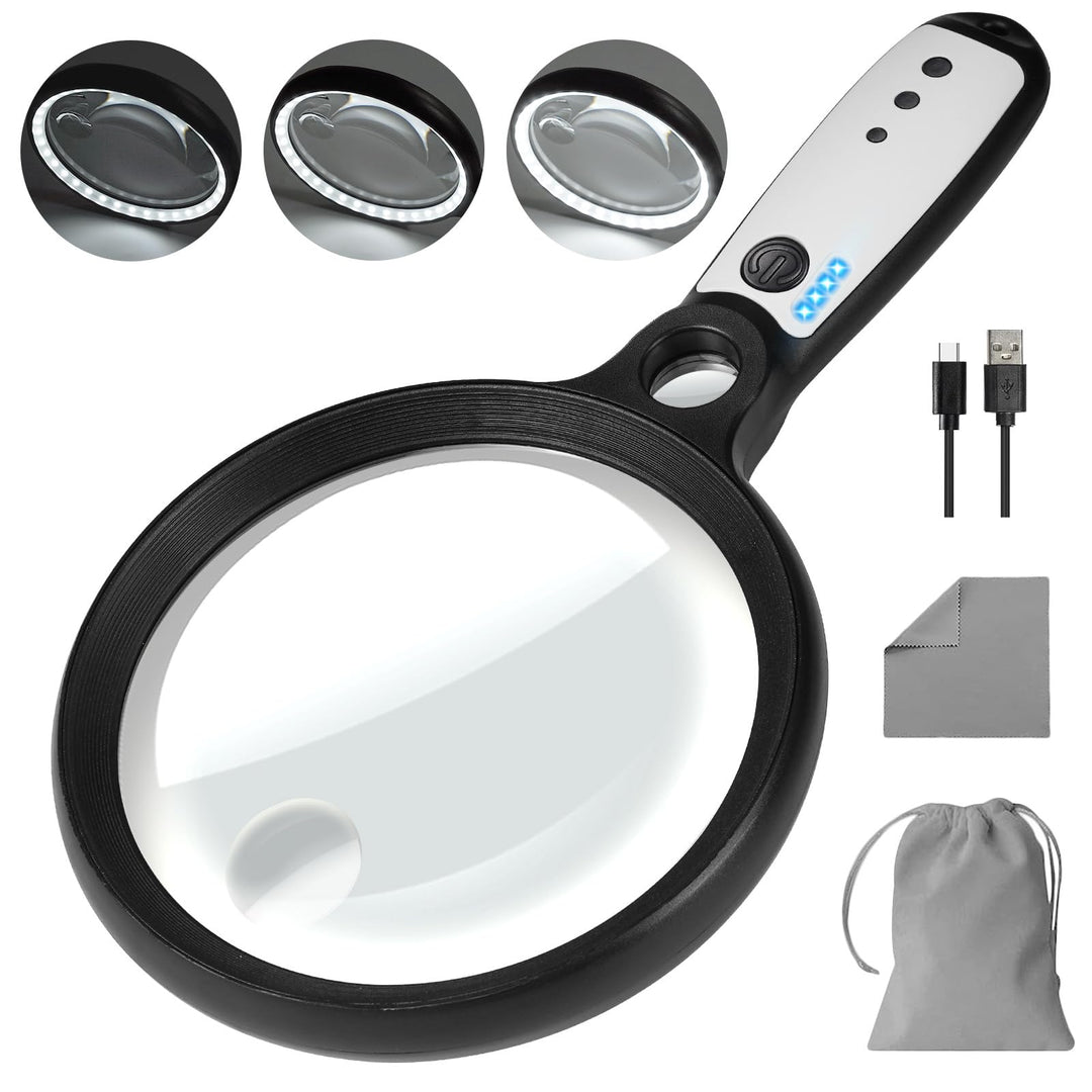 Lupe mit Licht USB Aufladbar, 10X 20X 45X Vergrösserungsglas, 37 LED Beleuchtete Handlupe mit 3 Lich