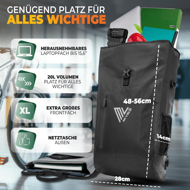 MIVELO - 3 in 1 Fahrradtasche - Rucksack - Schultertasche wasserdicht 100% PVC frei, mit Laptopfach