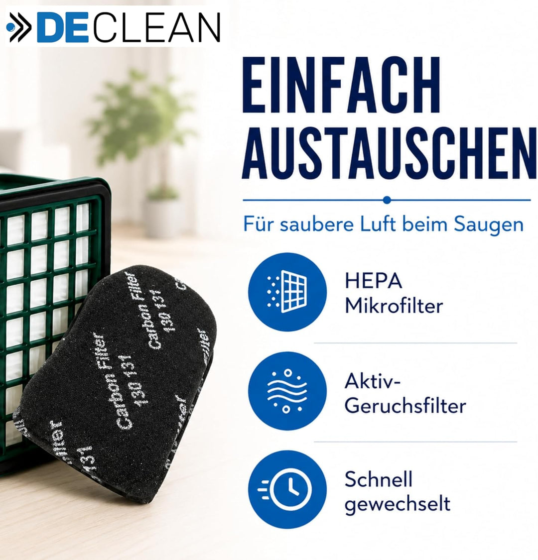 DeClean 2 x HEPA-Filter, 2 x Aktiv-Geruchsfilter Motorfilter kompatibel mit Vorwerk Kobold VK 130 13