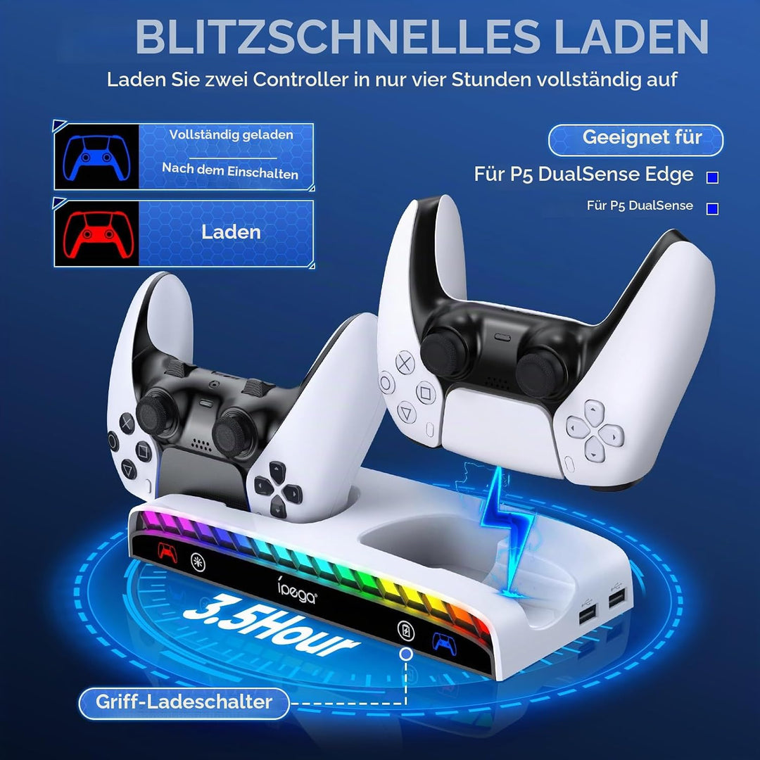 RGB Wandhalterung für PS5/Pro/Slim mit doppelter Controller-Ladestation, PlayStation 5 Halterung für