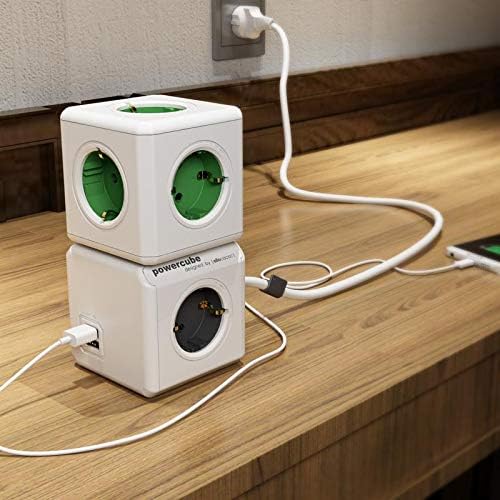 allocacoc PowerCube Extended EU, 5x Steckdose und Verteiler, 230V Schuko, Weiss Grün