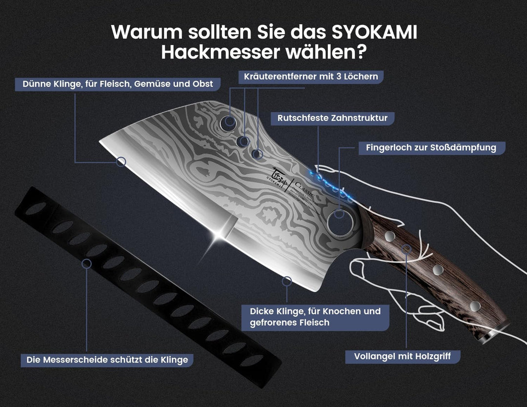 Fleischermesser mit Scheide, 19,5 cm Damastmuster Hackmesser, Küchenmesser mit Ergonomischem Durchge