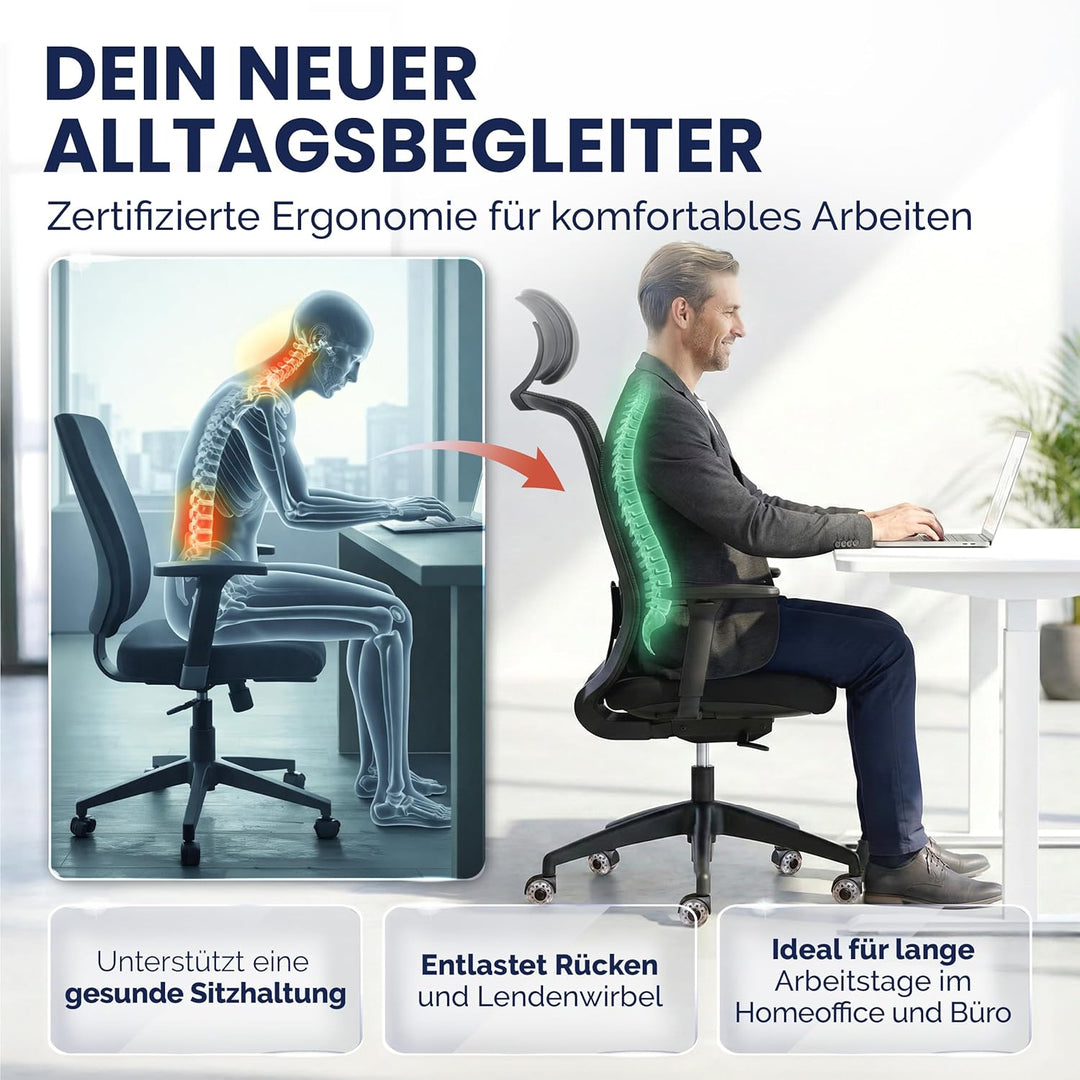 SCHEKKA® Bürostuhl Ergonomisch Testsieger - Besonders individuell Einstellbarer Schreibtischstuhl mi