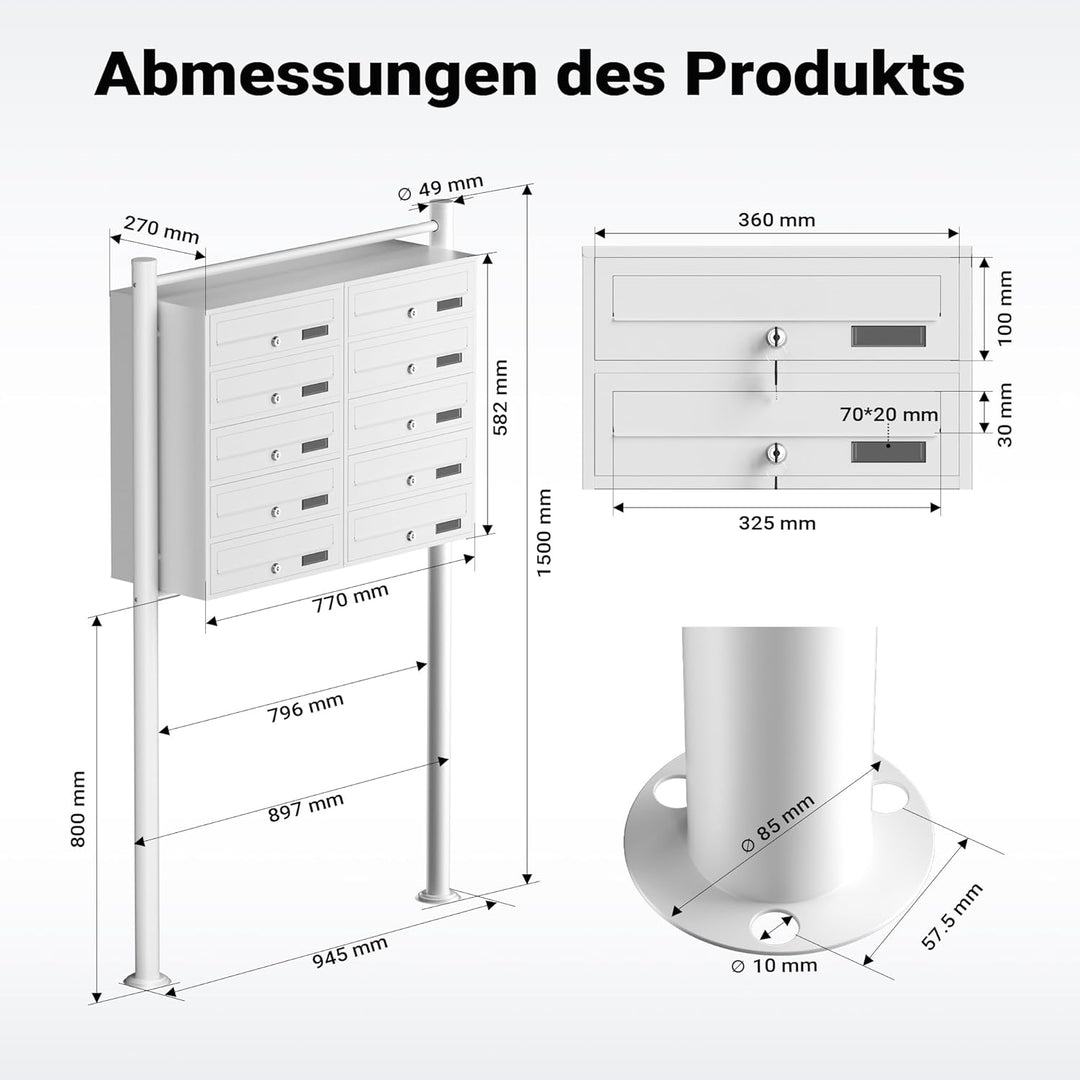 Wiltec 10er Briefkastenanlage weiss 945 x 270 x 1500 mm, Standbriefkasten mit 2x5 Fächern, Schlüssel