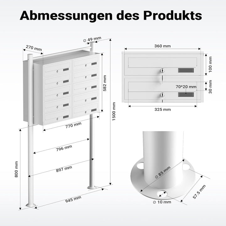 Wiltec 10er Briefkastenanlage weiss 945 x 270 x 1500 mm, Standbriefkasten mit 2x5 Fächern, Schlüssel