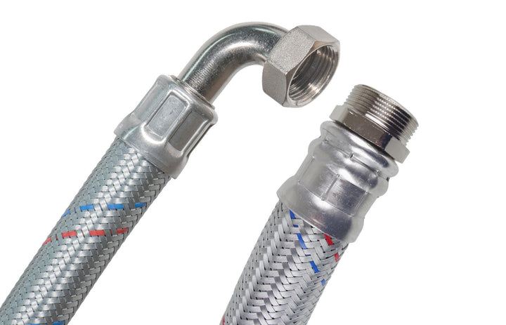 SFX® Panzerschlauch 80cm DN25-1 Zoll AG x 1 Zoll ÜM mit 90 Grad Bogen Stahldraht Umflechtung Flexsch