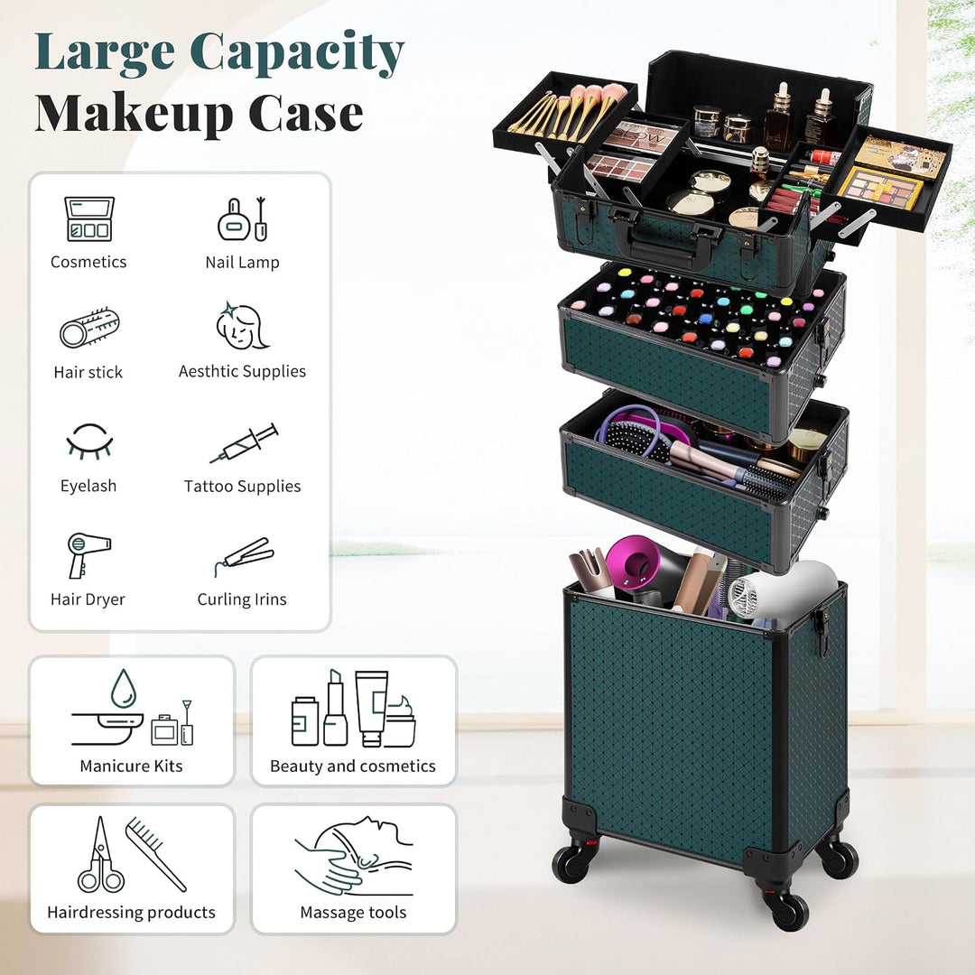 Arous 4-in-1 Professioneller Make-up-Zugkoffer, multifunktionaler Kosmetikwagen mit 360° drehbaren R