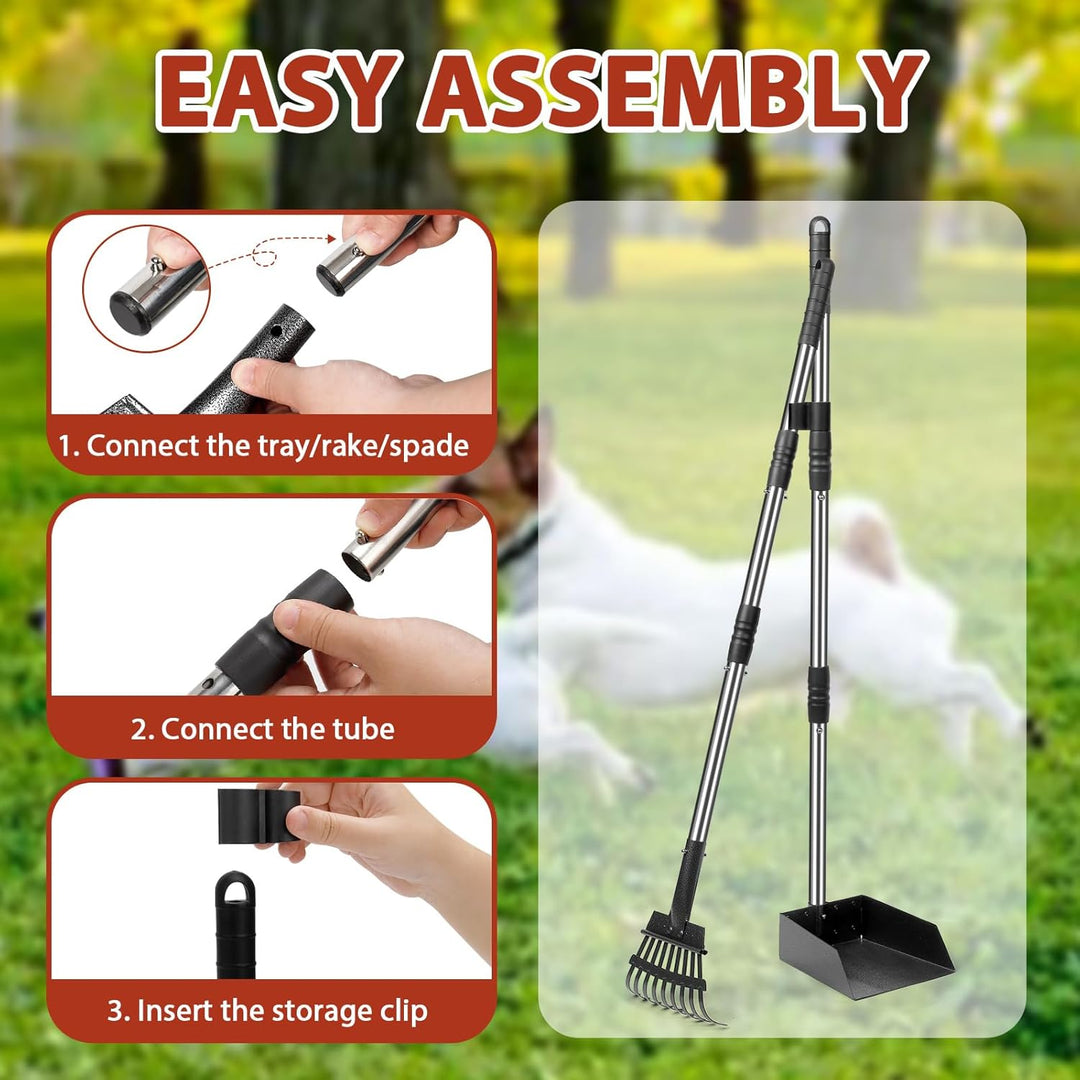 Hundekotschaufel Set mit 96cm langem Griff – Abnehmbares Metalltablett, Rechen für grosse, mittelgro