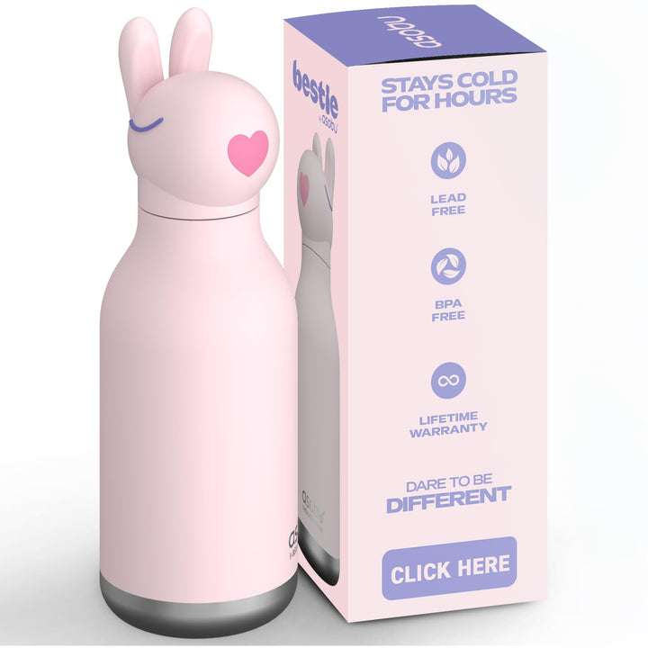 ASOBU Bestie Kindertrinkflasche mit Strohhalm – Isolierte Edelstahlflasche 420ml mit Hasenkopf – Aus