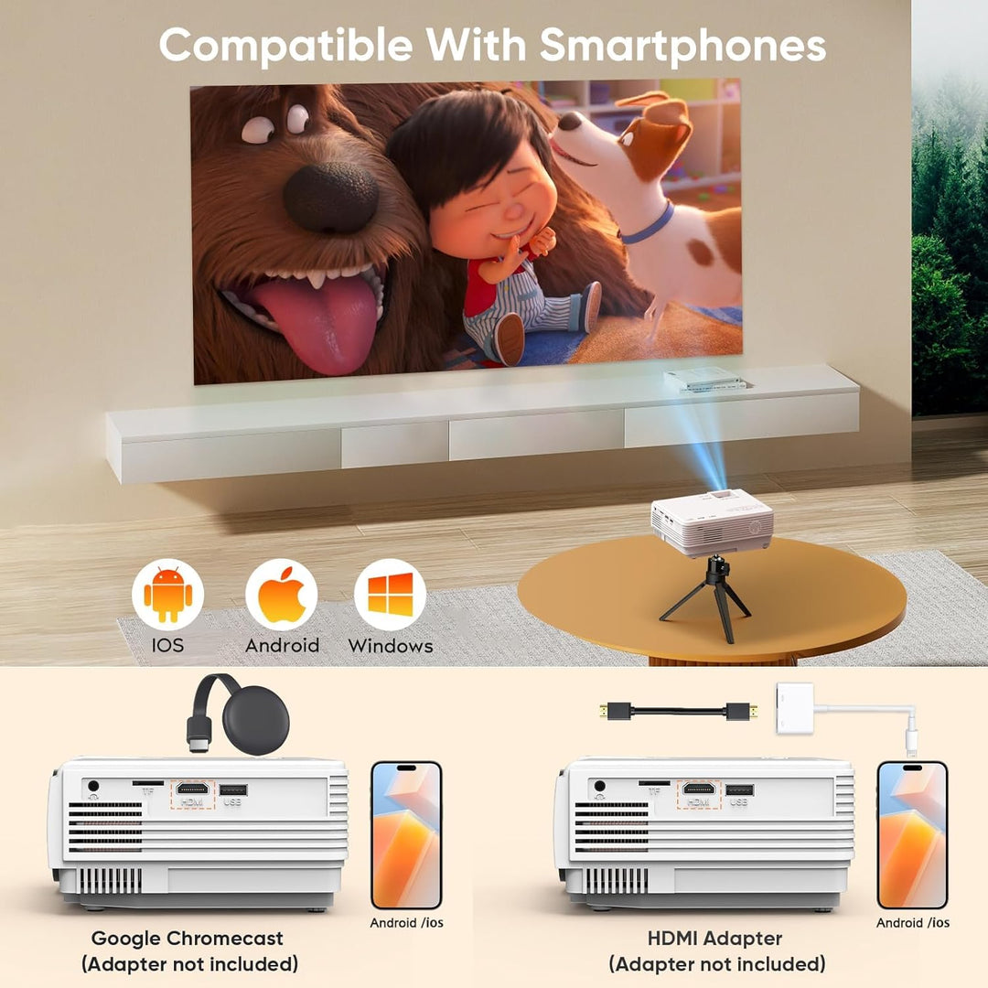 Mini Beamer mit Bluetooth, AKATUO Mini Projektor Full HD 1080P, 200” Display Tragbar LCD Heimkino/Ou
