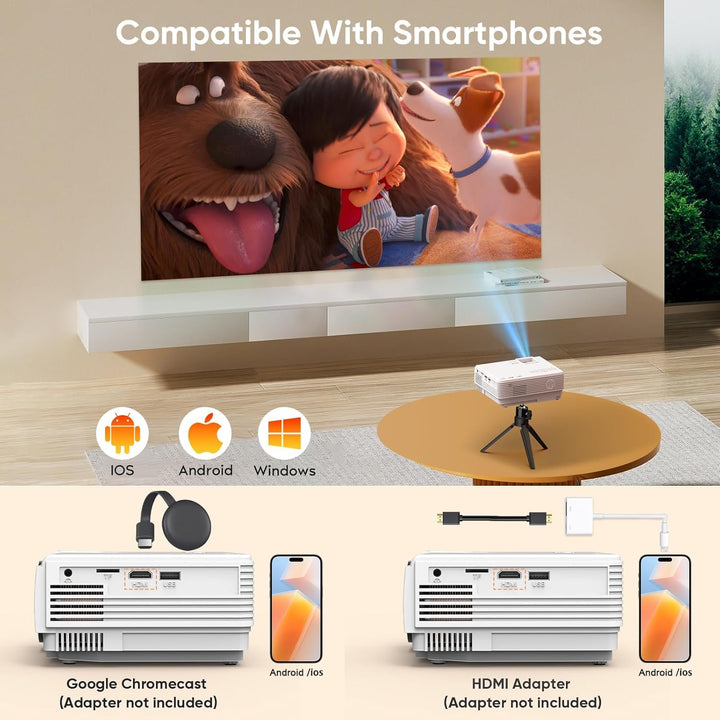 Mini Beamer mit Bluetooth, AKATUO Mini Projektor Full HD 1080P, 200” Display Tragbar LCD Heimkino/Ou