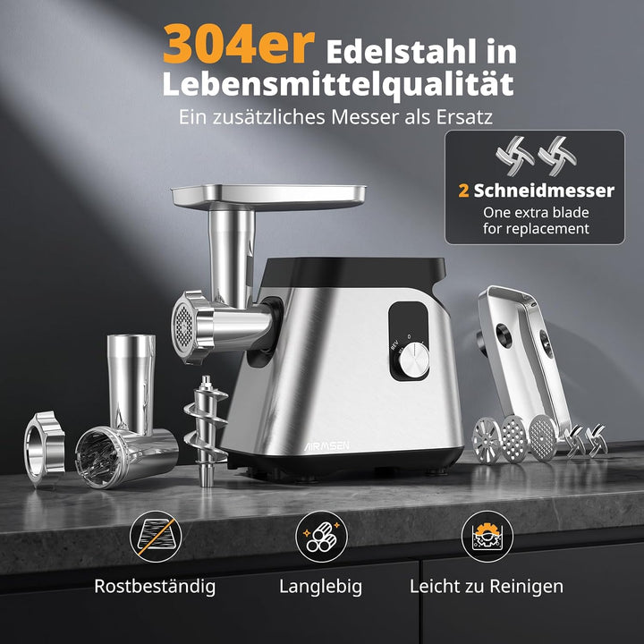 AIRMSEN Elektrischer Fleischwolf [3000W Max], 2 Stufen，Edelstahl S Fleischwolf-Set, S Fleischwolf-Se