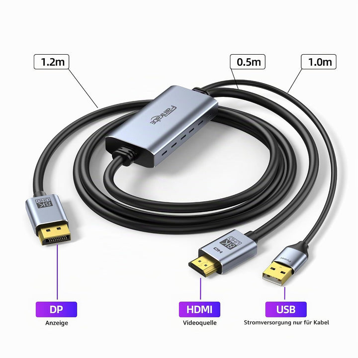 4K@144Hz HDMI 2.1 auf DisplayPort 1.4 Kabeladapter (1,8 m), 4K120Hz/8K unidirektionales aktives HDMI