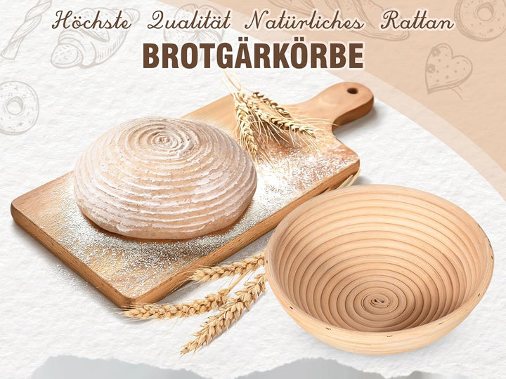 Gärkörbchen Set 2-teilig, 9 Zoll Rundes Gärkorb Brot mit Leinen-Einsätzen - aus Hohe Qualität Rattan