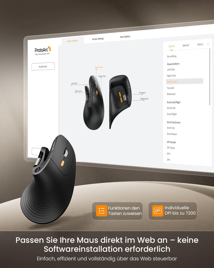 ProtoArc EM11 Pro Ergonomische Vertikale Maus mit Seitenscroll, Anpassbare Tasten, 2*Bluetooth + 2,4
