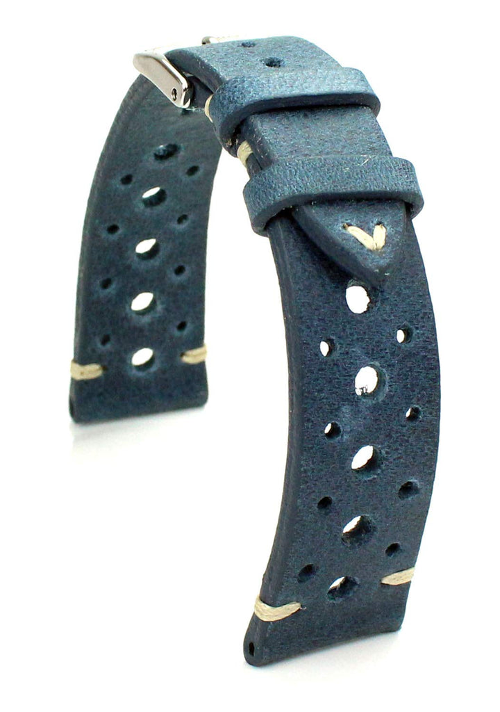 RIOS1931 Rallye Vintage Rindsleder Uhrenarmband handgemacht in Deutschland 19mm blau