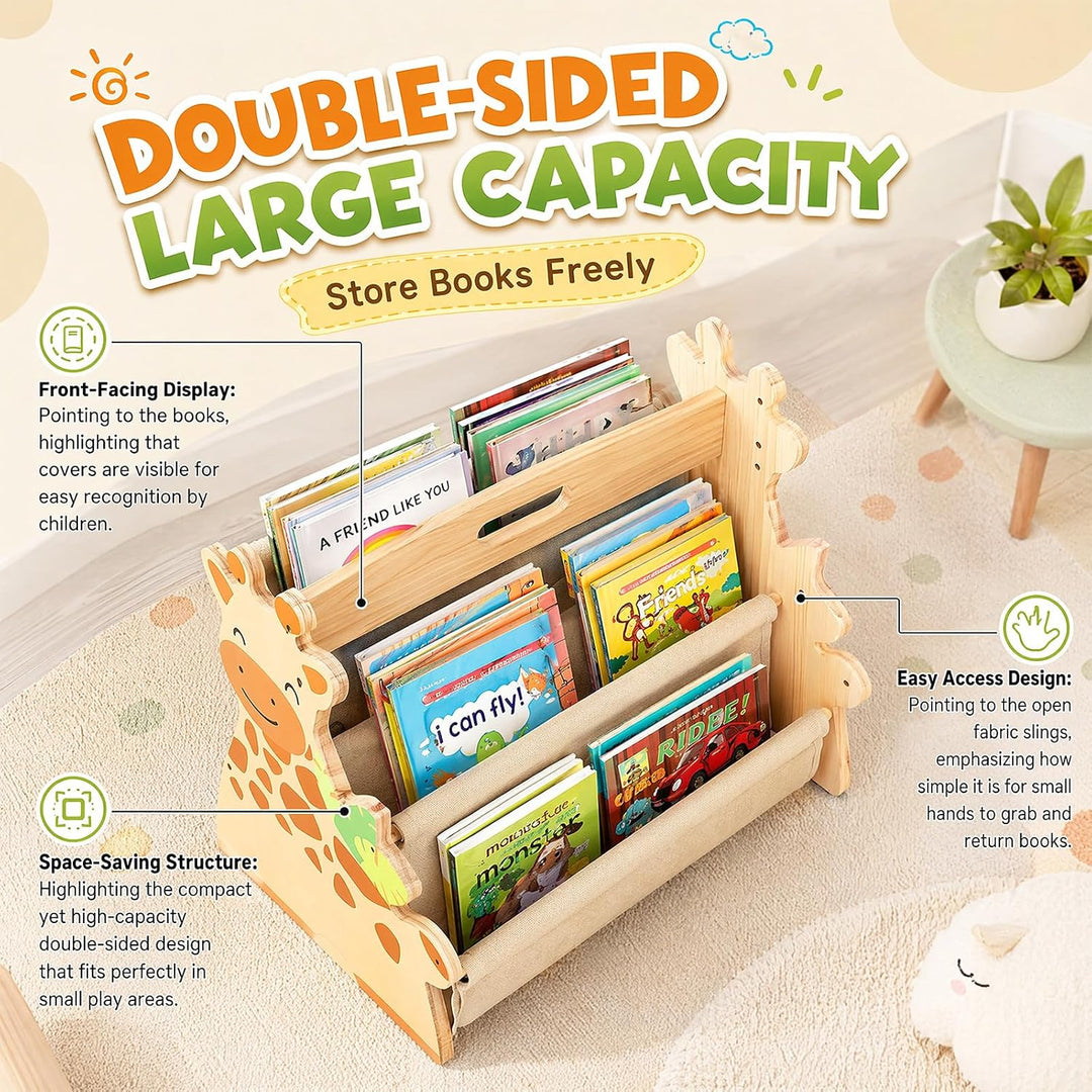 Bücherregal Kinder, doppelseitiges Holzregal mit robusten Canvas-Taschen, Montessori Bücherregal Kin