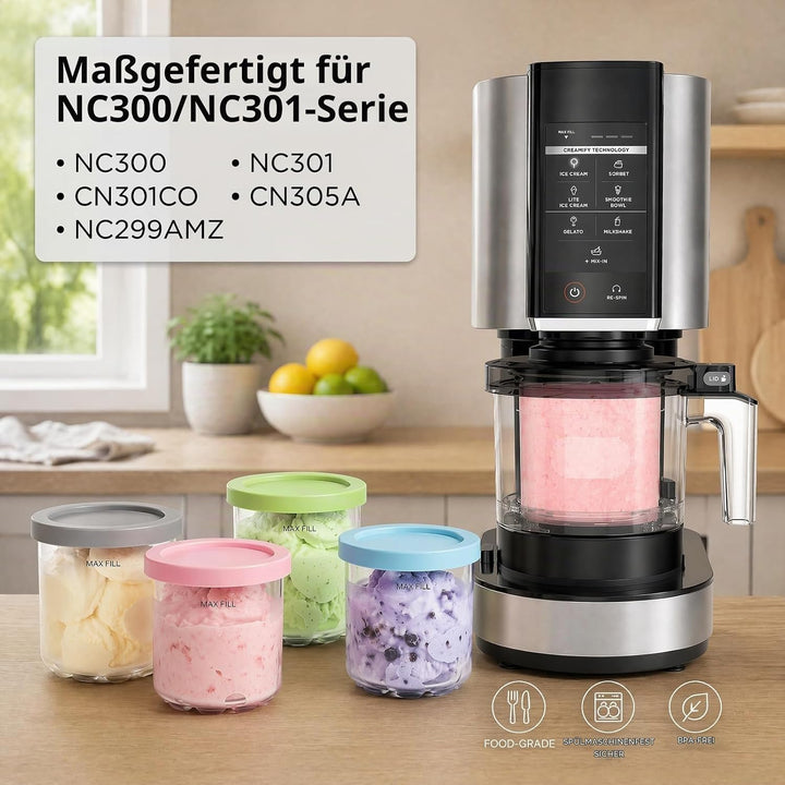 4er-Set Ersatzbehälter Mit 4 Löffel, 473ml Eisbehälter Und Abdeckung, Kompatibel Mit Ninja Creami NC