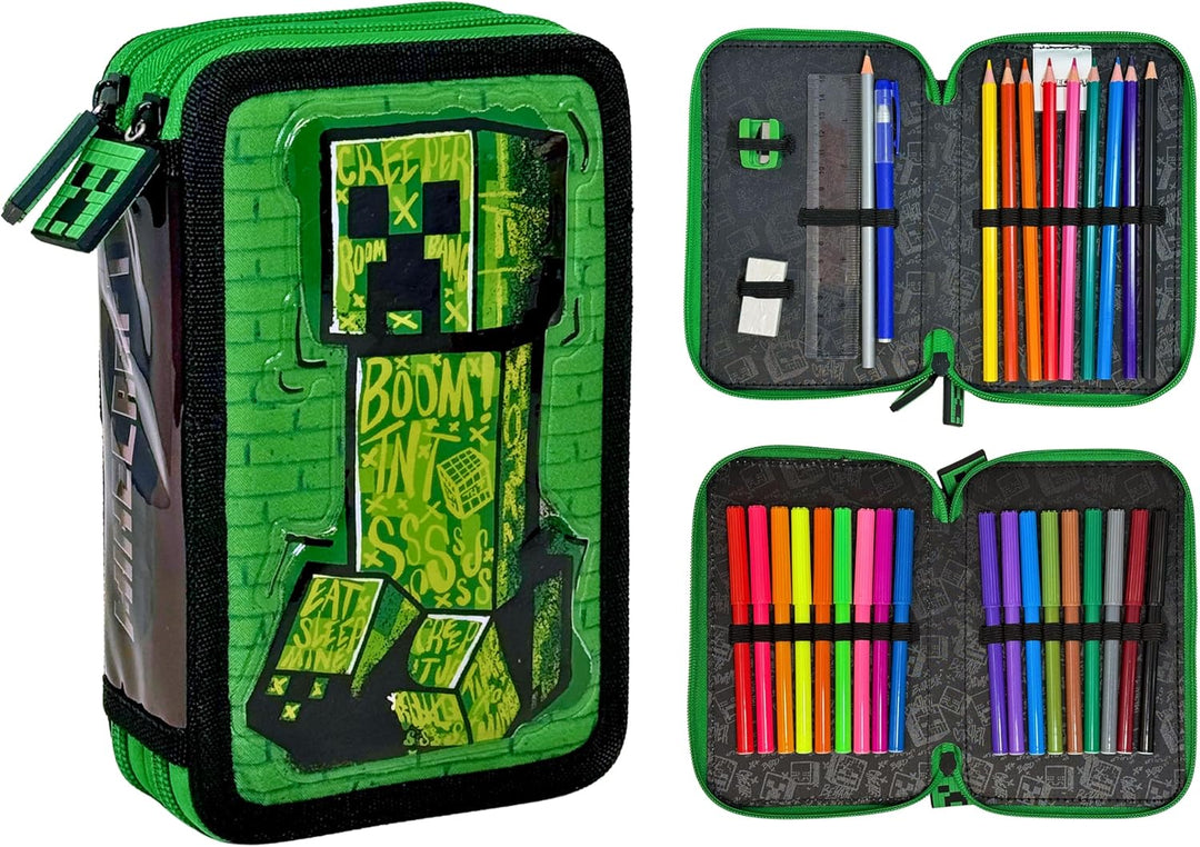 Clondo Federmäppchen mit 2 Fächern, für Minecraft Fan, 32 Teile, inklusive Stifte, Bleistifte, Marke