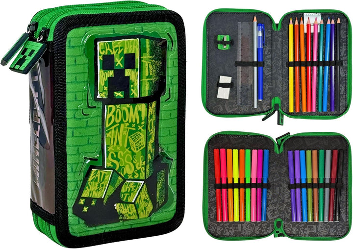 Clondo Federmäppchen mit 2 Fächern, für Minecraft Fan, 32 Teile, inklusive Stifte, Bleistifte, Marke