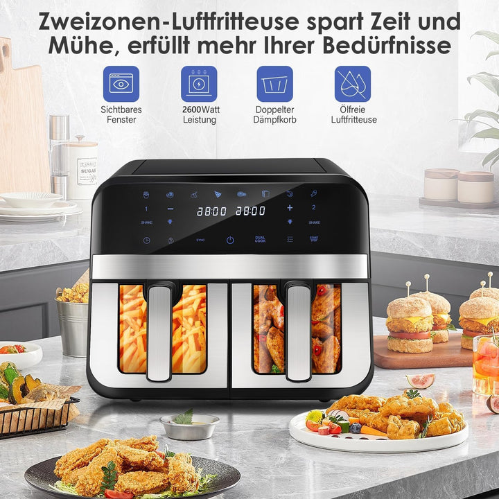 Dual Zone Heissluftfritteuse mit Sichtfenster, 9L XL Kapazität Doppel-Airfryer, 2 Schubladen, 8-in-1