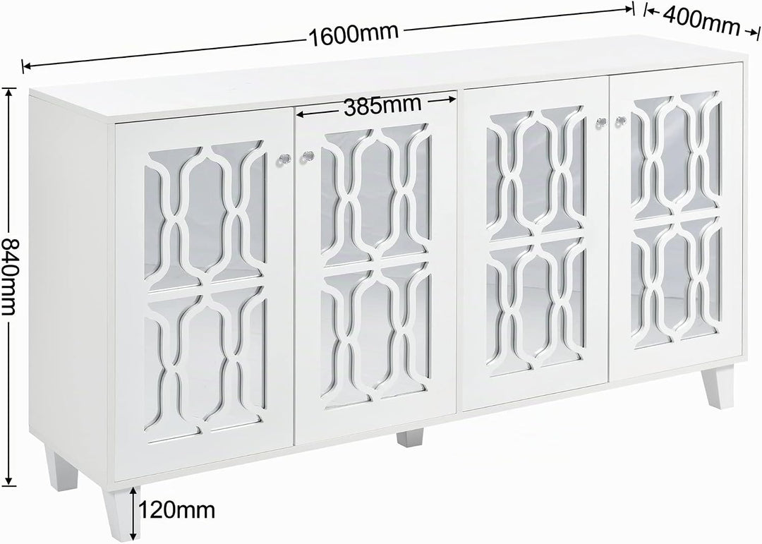 ModernLuxe - Weiss verspiegelte Sideboard mit Kristallgriffen, für Wohn- und Esszimmer (160 x 40 x 8