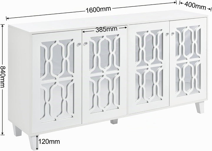 ModernLuxe - Weiss verspiegelte Sideboard mit Kristallgriffen, für Wohn- und Esszimmer (160 x 40 x 8