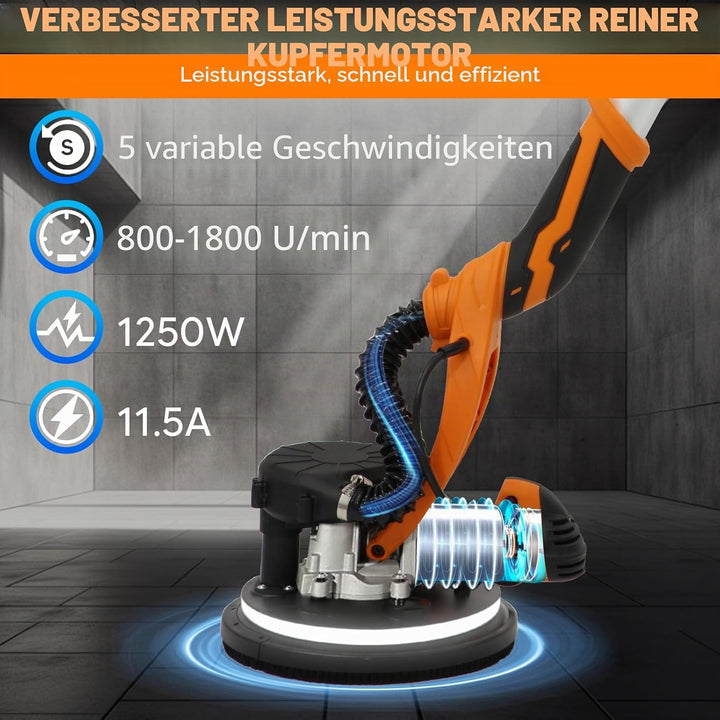 Trockenbauschleifer, 1250 Watt Elektroschleifer, 800 bis 1800 U/min, Ausziehbarem Griff, LED-Beleuch