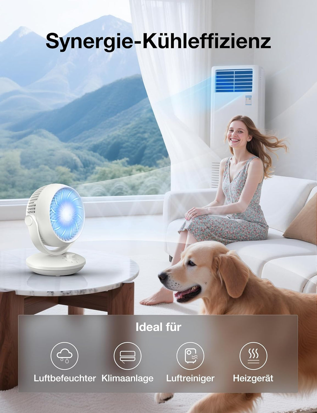 Acoolir Ventilator Leise, 24dB Ultra Powerful Tischventilator, 100° & 70° Oszillation, 3 Geschwindig