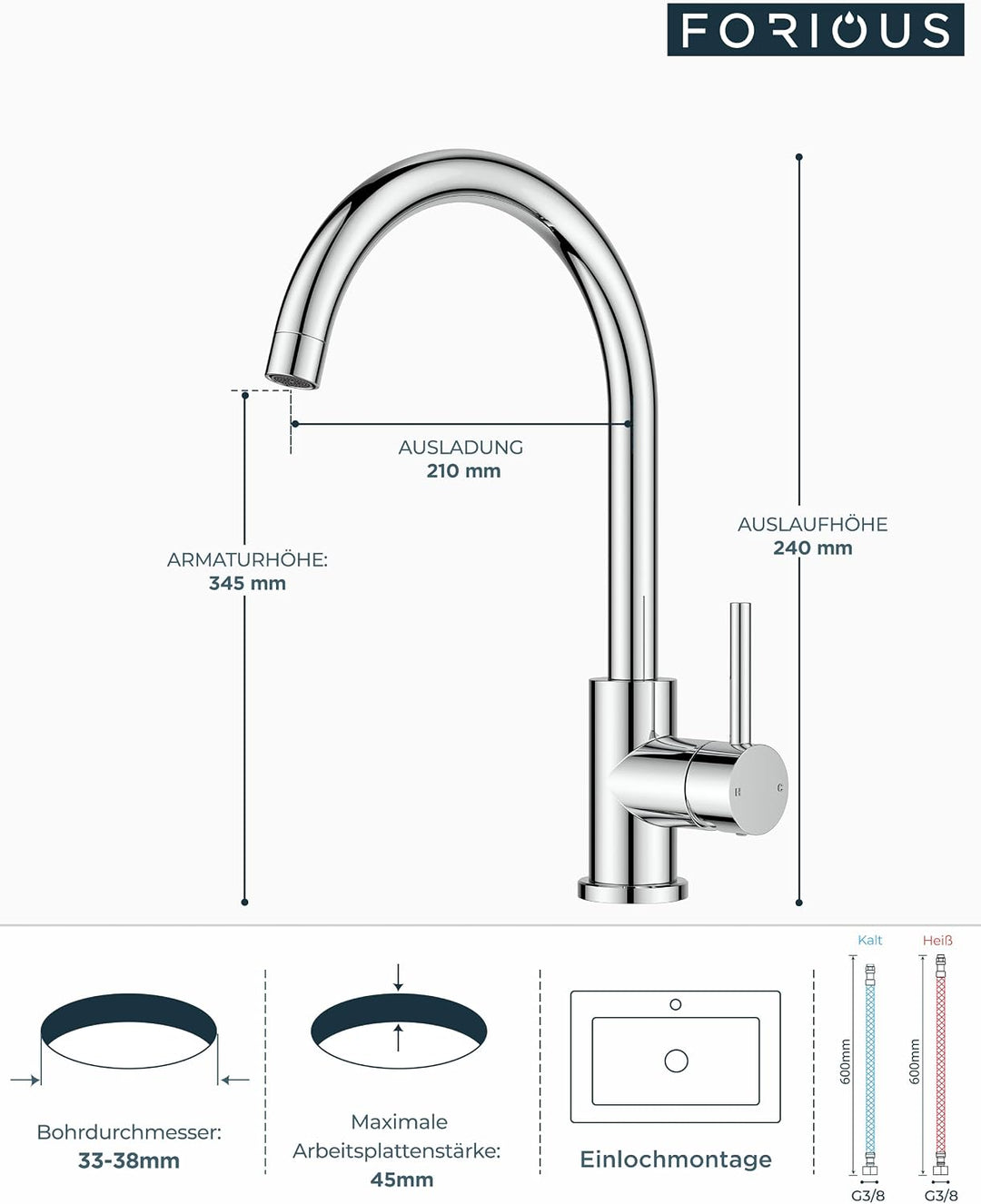 FORIOUS Küchenarmatur, Wasserhahn Küche Mischbatterie, 360° Schwenkbar, Heiss und Kaltwasserregelung