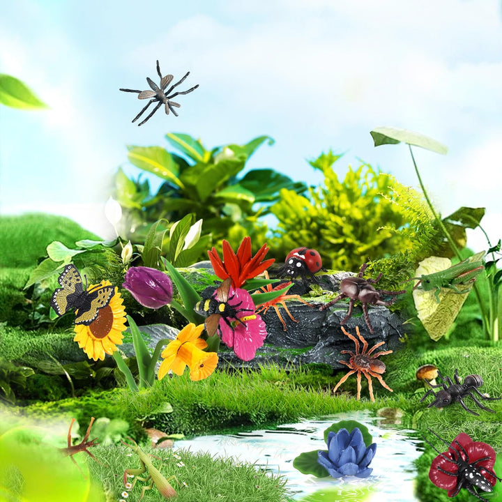 Insekt Pflanzenfiguren Spielzeug 20Pcs, realistische Kunststoff Blume mit Marienkäfer Biene Schmette