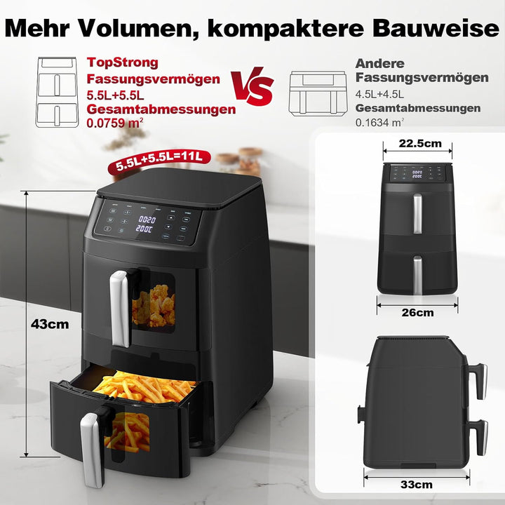 TopStrong Doppelkammer Heissluftfritteuse, 2500W Vertikale Double Stack Airfryer 2 Kammern mit Sicht