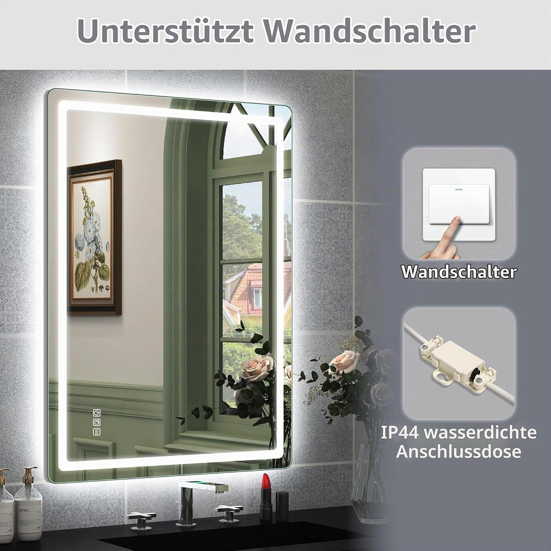 STARLEAD Badspiegel-mit-Beleuchtung 80x60cm, Hintergrundbeleuchtung + Frontbeleuchtung, Silberner Al