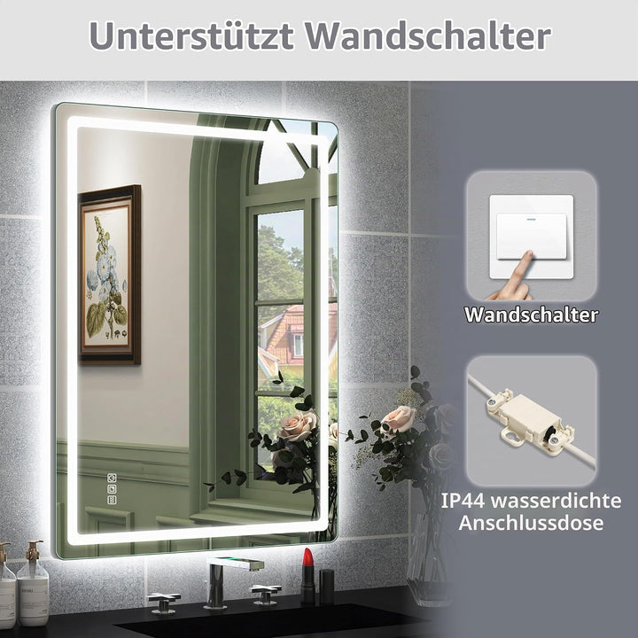 STARLEAD Badspiegel-mit-Beleuchtung 80x60cm, Hintergrundbeleuchtung + Frontbeleuchtung, Silberner Al