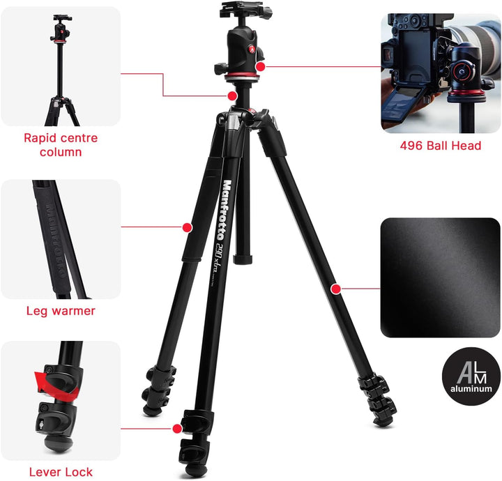 Manfrotto 290XTRA Kamerastativ Aluminium mit Kugelkopf 496, 3 Segmente, 4 Winkel, Schnellverschlüsse