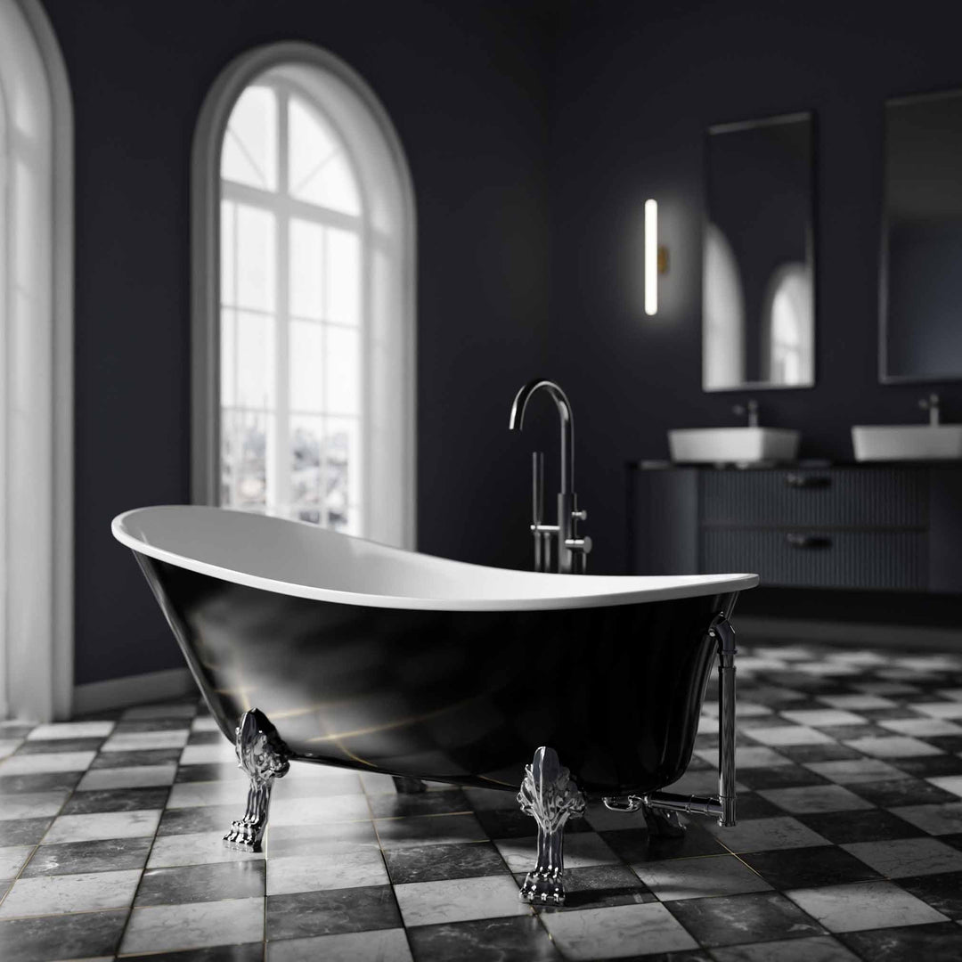 Freistehende Badewanne PARIS Acryl - 176 x 71 cm - Schwarz glänzend - Metallfüsse &amp; Standarmatur wäh