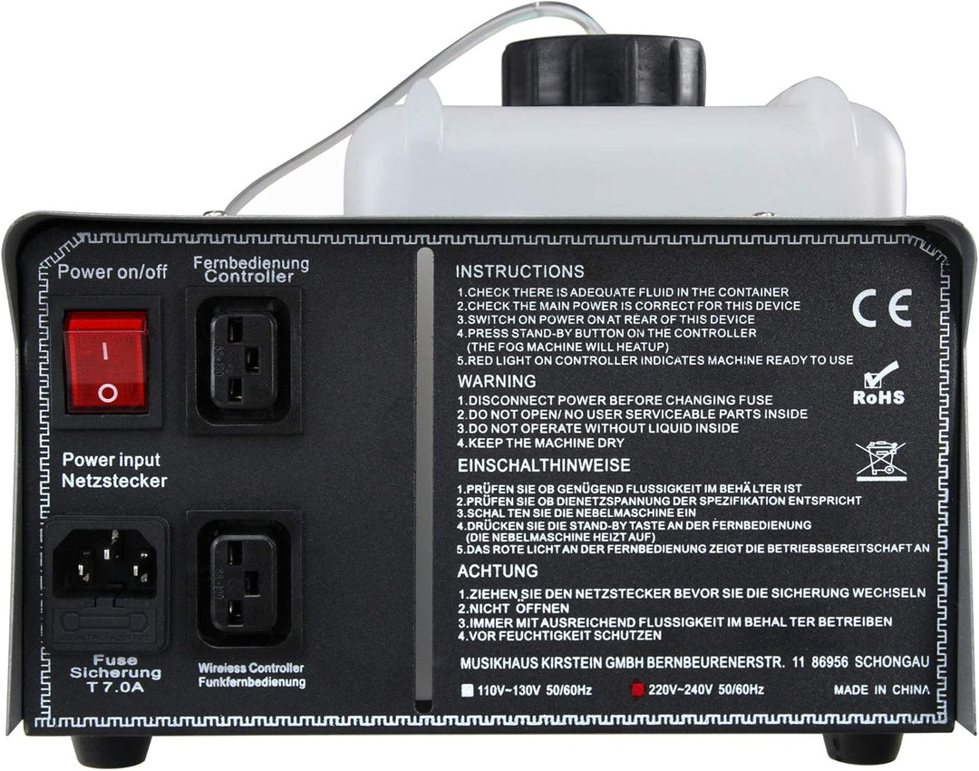 Showlite SN-1200 Nebelmaschine (1200W, 500m³ Nebelausstoss/min, 7 Min. Aufwärmzeit) inkl. Funk Fernb