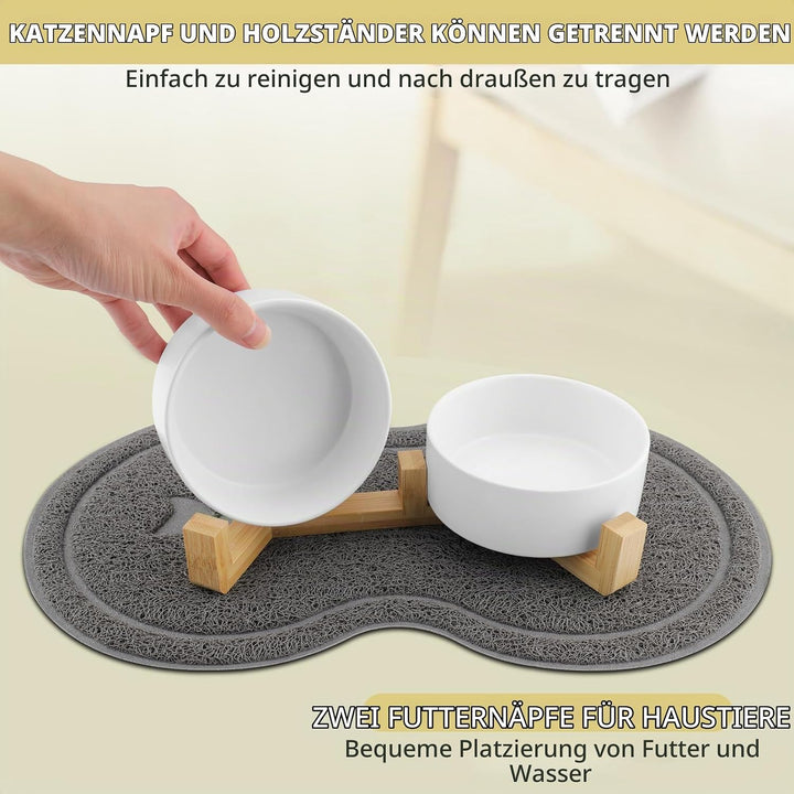 Katzennapf, 2 Stück Keramik Futternapf Katze Set, 3-in-1 rutschfeste Katzennäpfe mit Holzstände und